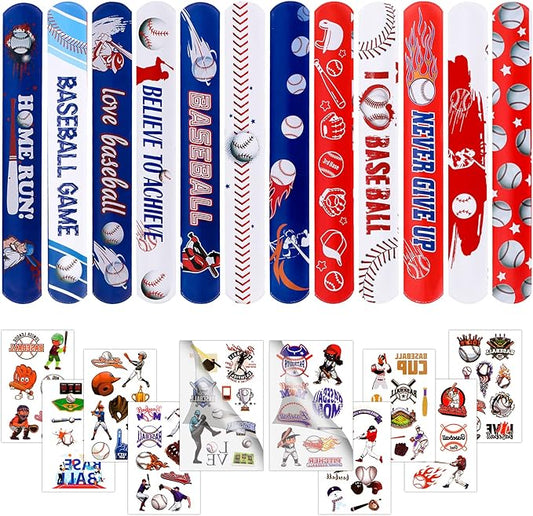 40Pcs Baseball Slap Bracelets Party Favors with Baseball Tattoo Birthday Gifts Baseball Party Decorations Snap Band for Kids Boys