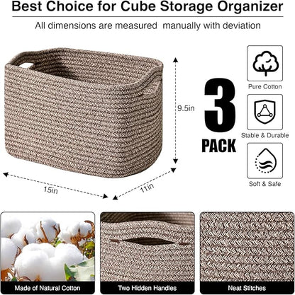 ICERZCZ Storage Baskets for Organizing Shelves, Woven Cotton Rope Bins for Baby Nursery Organization, Book Toy Towel Organizer, 15"x11"x9.5", 3 Packs, Dark Brown