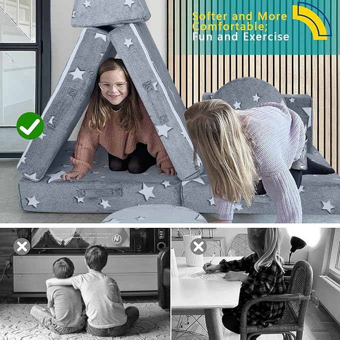 MeMoreCool Modular Glow Star Sofa for Kids, 8-Piece Convertible Foam Couch Play Set for Toddlers, Playroom, and Children