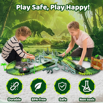 Dinosaur Race Track Toy Set -Dino Racetrack with 170 Total Pieces, Flexible Tracks, Dino Train for Kids Ages 3-7, Boys & Girls | Dinosaur Race Track, Dinosaur Track Toy Set Toddler Race Track