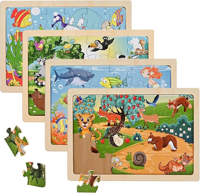 Puzzles for Kids Ages 4-6, Wooden Puzzles for Toddlers, 4 Packs 24 PCS Thickened Sea and Animal Puzzle Toys, Preschool Educational Puzzle Toys for Boys and Girls 3 4 5 6 Years Old