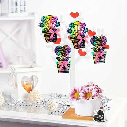 BeYumi Flower Scratch Cards Craft - 60Pcs Valentine’s Day Flower Scratch Cards Craft Kit for Kids DIY Flower Pot Heart Magic Rainbow Color Craft Valentine Gift School Classroom Home Fun Activities