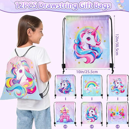 12 Sets Unicorn Party Favors Birthday Supplies for Girls Kids, Drawstring Bag Silicone Bracelet Tattoo Sticker Keychain Unicorn Pinata Filler Goodie Bag Stuffers Unicorn Birthday Party Supplies
