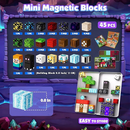 45 PCS 0.8in Mini Magnetic Blocks - Easter Travel Magnet Toys for Kids with Portable Metal Box, Stacking Magnets, Toys and Gifts for Boys and Girls Age 3+ Years Old (Theme: Portal)