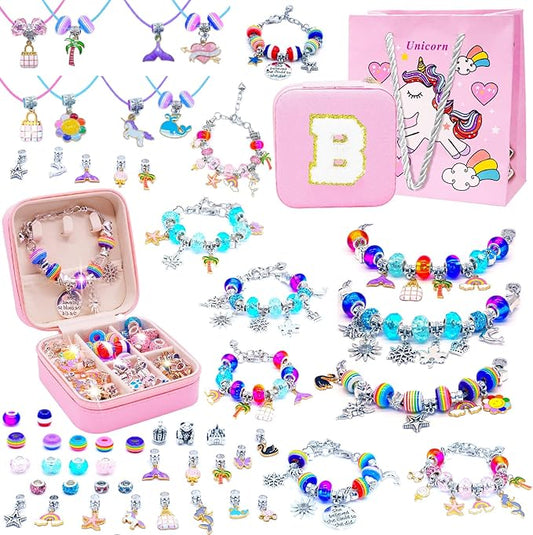 SUREHOME Charm Bracelet Making Kit Kids Jewelry Making Kit with Initial Jewelry Box Art Craft for Girls 8-12 6-8 5-7 9 11 10 Year Old Teen Girls Trendy Stuff Personalized Birthday Christmas Gifts - B