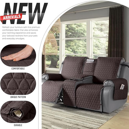 TAOCOCO 100% Waterproof Recliner Cover -Loveseat Recliner Cover with Center Console,Non-Slip Reclining Couch Covers for 2 Seat,with Elastic Straps Pocket for Kids, Dogs(Chocolate, 2 Seater XL)