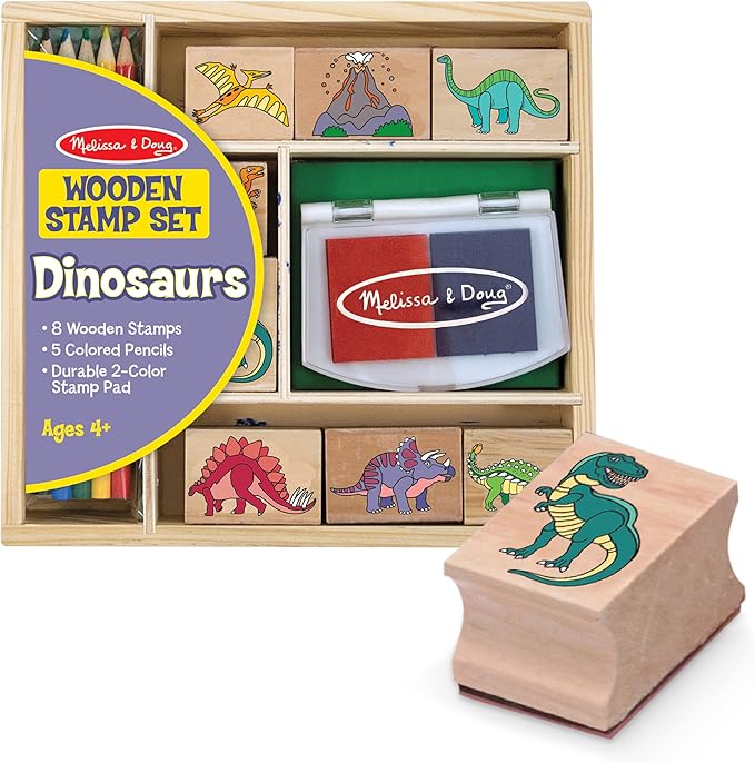 Melissa & Doug Wooden Stamp Set: Dinosaurs - 8 Stamps, 5 Colored Pencils, 2-Color Stamp Pad Kids Arts And Crafts, Washable Ink Pads For Kids, Dinosaur Stamps For Ages 4+ - FSC-Certified