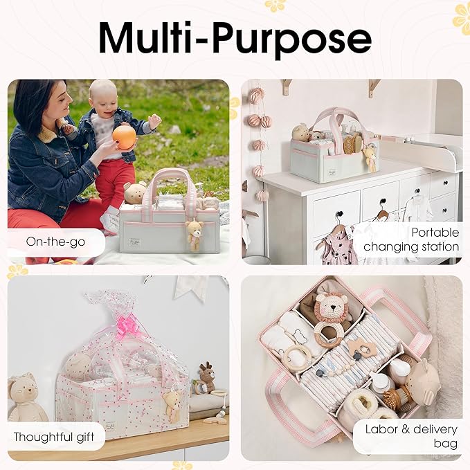 PeraBella Baby Diaper Caddy Organizer, XL Baby Basket Shower Gift Caddy, Portable Felt Changing Table Basket, Nursery Storage Bin, Newborn Boy and Girl Essentials for Registry, Car Diaper Organizer