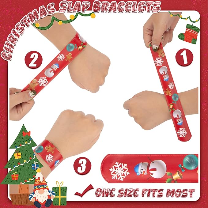 LovesTown 64PCS Christmas Slap Bracelets for Kids, Christmas Snap Bracelets Bulk Christmas Slap Wristbands for Stocking Stuffers Goodie Bag Fillers
