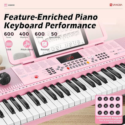 Vangoa Pink Piano Keyboard 61 Key, Electric Keyboard Kit Portable Music Keyboard for Kids Students with Microphone, 600 Tones, 400 Rhythms, 50 Demos, Gift for Beginners