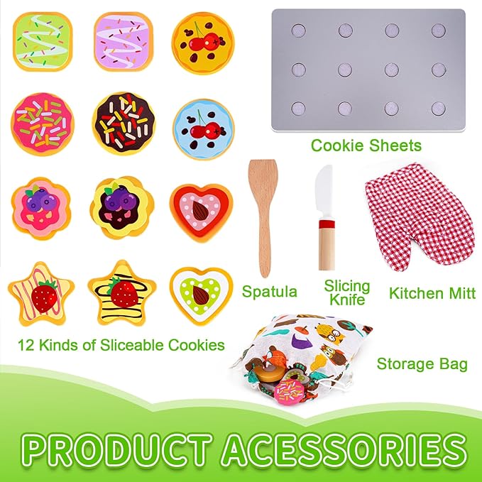 Slice and Bake Wooden Cookie Play Food Set for Kids Kitchen - Toy Food Accessories - Kids Pretend Cookies and Baking Sheet, Toy Baking Set for 3+ Year Old Boys Girls Birthday Gifts