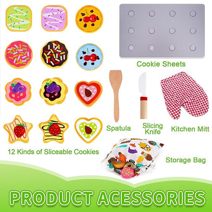 Slice and Bake Wooden Cookie Play Food Set for Kids Kitchen - Toy Food Accessories - Kids Pretend Cookies and Baking Sheet, Toy Baking Set for 3+ Year Old Boys Girls Birthday Gifts
