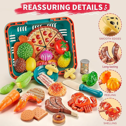 Play Food Sets for Kids Kitchen-80PC Pretend Food with 2 Kids Picnic Basket, Toy Food with Pizza Toy, Plastic Food Cutting Toys, Play Kitchen Accessories - Fake Food, Boys Girls Toddlers Gifts