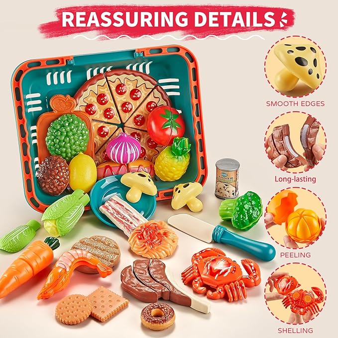 Play Food Sets for Kids Kitchen-80PC Pretend Food with 2 Kids Picnic Basket, Toy Food with Pizza Toy, Plastic Food Cutting Toys, Play Kitchen Accessories - Fake Food, Boys Girls Toddlers Gifts