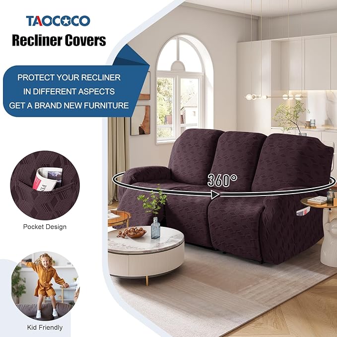 TAOCOCO Recliner Sofa Covers Stretch Reclining Couch Cover, Jacquard Recliner Couch Cover for 3 Seat Furniture Protector Sofa Slipcovers with Elastic Bottom for Kids, Pets (Dark Coffee)