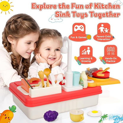 Kids Play Sink with Running Water, Toddler Sink Toy with Running Water with Electric Faucet, Kids Play Kitchen Sink Playset, Kids Play House Pretend Role Play Dishwasher Toy for Boys Girls, Red