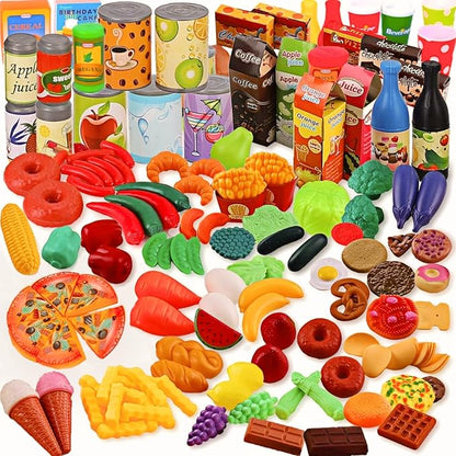 120 PCS Pretend Play Food Toys for Kids Play Kitchen - BPA-Free Mini Kitchen Accessories and Plastic Fake Food Toys with Veggies, Fruits, Pizza - Imaginative Play Set for Toddlers, Boys, Girls