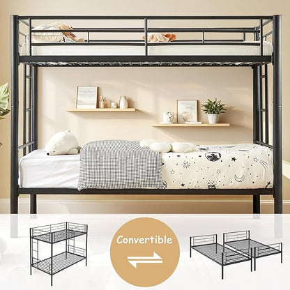 VECELO Twin Over Twin Bunk Bed with Built-in Ladder and Safety Guardrail, Heavy Duty Metal Bunkbeds, Space Saving, No Box Spring, Black