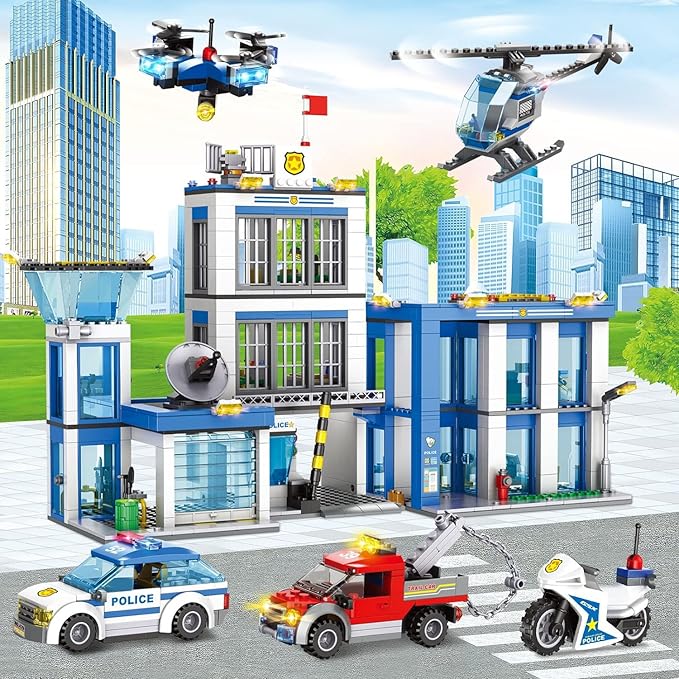 City Police Station Building Blocks Sets, City Police Prison Kits with Police Car, Helicopter Motorcycle, Trailer and Drone, Toy Building Kit Gift for Kids Boys Ages 6-12 (1001 Pieces)