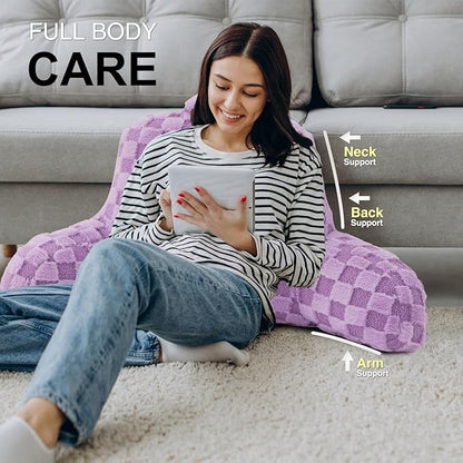 Aimuan Reading Pillow Checkered Bed Rest Wedge Backrest Checkerboard Pillow with Arms Back Support for Sitting Up in Bed Cushion Incline Rest Sleeping Snoring Pillow, Purple Large
