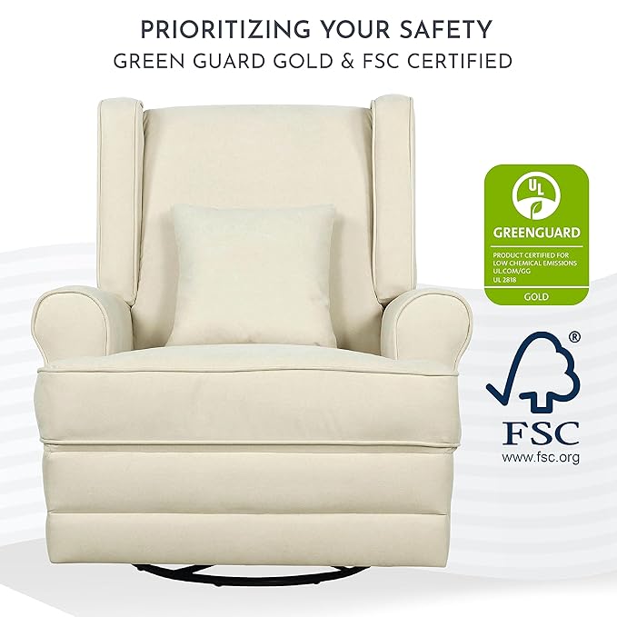 Melbourne Upholstered Seating Wing Back Glider Swivel, Nursery Glider Chair in Shell, Greenguard Gold Certified Modern Nursery Recliner with a Bonus Pillow, Tool-Free Assembly, Easy to Clean