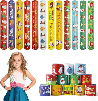 48pcs Christmas Slap Bracelets, Santa Claus Snowman Christmas Tree Reindeer Slap Wristband Christmas Stocking Stuffers for Boys Girls Xmas Birthday Party Favors Toys Goodie Bag Fillers