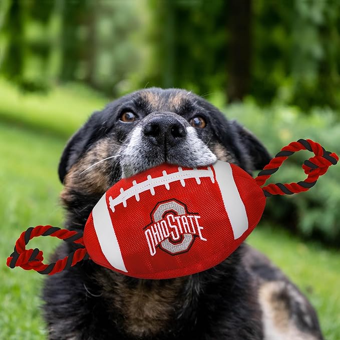 Pets First NCAA Ohio State Buckeyes Football Dog Toy, Tough Quality Nylon Materials, Strong Pull Ropes, Inner Squeaker, Collegiate Team Color (OH-3121)