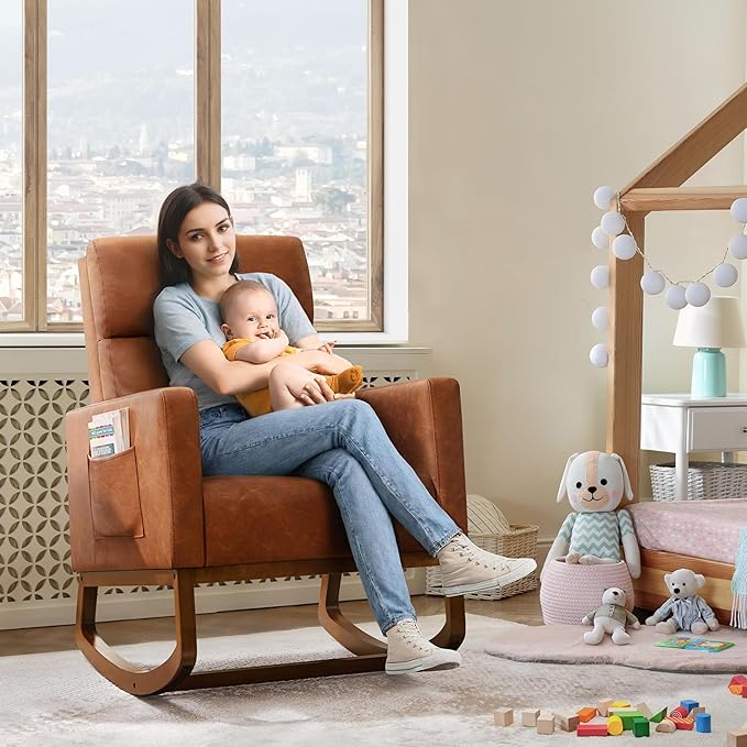 Yaheetech Rocking Chair, Leather Nursery Glider Chair, Upholstered Accent Chair with Rubber Wood Legs and Side Pockets, High Back Armchair for Living Room, Bedroom, Brown