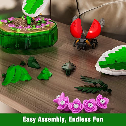 Mould King Insect Building Block Set, Creative Dragonfly Bug Kits Toys with Music Display Box, Collection Flower DIY Office Home Decor for Adutls Kids Girls 8+, 10105