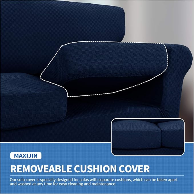 MAXIJIN 4 Piece Jacquard Extra Large Couch Covers for 3 Cushion Couch Super Stretch Non Slip Couch Cover for Dogs Pet Friendly Sofa Slipcover Furniture Protector (Oversized Sofa, Navy Blue)