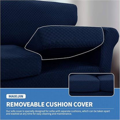 MAXIJIN 4 Piece Jacquard Extra Large Couch Covers for 3 Cushion Couch Super Stretch Non Slip Couch Cover for Dogs Pet Friendly Sofa Slipcover Furniture Protector (Oversized Sofa, Navy Blue)