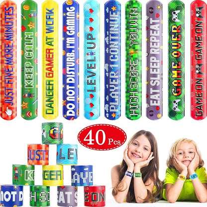 Blulu 40 Pcs Video Game Slap Bracelets Pixelated Party Pixelating Party Wristbands Supplies, Pixelating Snap Bracelets for Kids Gamer Birthday Party Favors (10 Style)