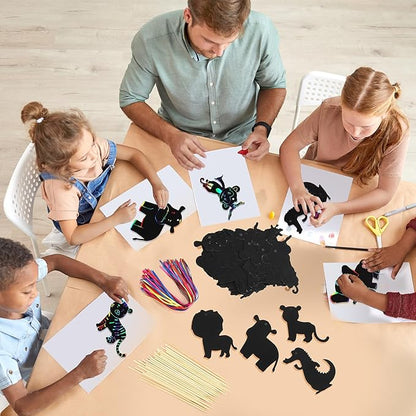 RoundFunny 80 Pcs Farm Animal Scratch Cards Farmhouse Crafts for Kids Colorful Scratch Paper Scratch Off Paper for DIY Art Kit with 80 Pcs Stick and Ribbon for Party Ornaments Favors