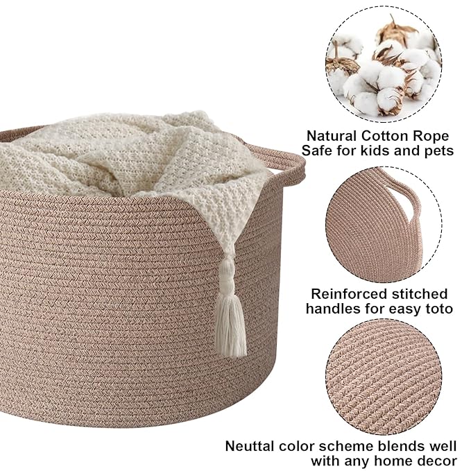 90L Large Blanket Basket,21.7"L x 21.7"W x 13.8"H Rope Woven Baskets with Handles,Brown Storage Bins,Laundry Basket Perfect for Living Room, Nursery,Bedroom,Home Organization