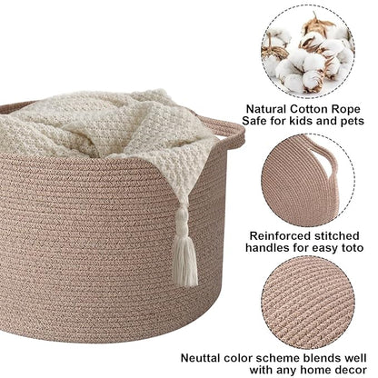 115L Large Blanket Basket,23.6" L x 23.6" W x 15.7" H Rope Woven Baskets with Handles, Toys Storage Bins,Laundry Basket Perfect for Living Room, Nursery,Bedroom,Home Organization,Brown