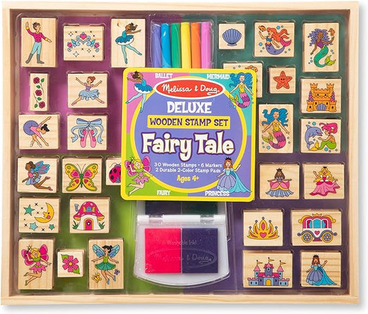 Melissa & Doug Deluxe Wooden Stamp and Coloring Set – Fairy Tale (30 Stamps, 6 Markers, 2 Durable 2-Color Pads) - Fairy Tale-Themed Stamps For Kids Activity Set