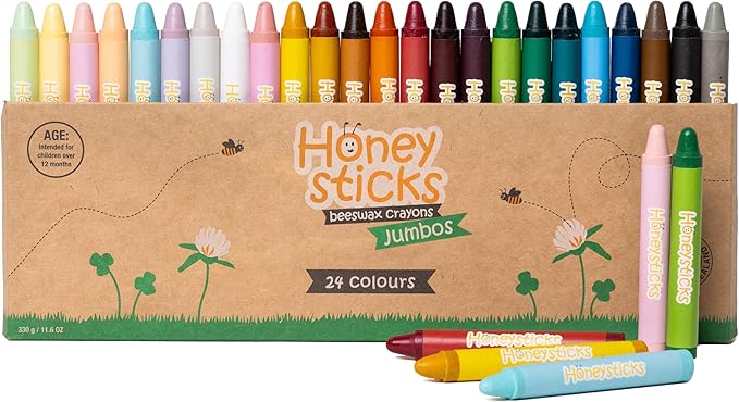 Honeysticks Jumbo Crayons (24 Pack) - 100% Pure Beeswax, Non-Toxic, Unbreakable, Eco-Friendly Crayons for Kids 2-8