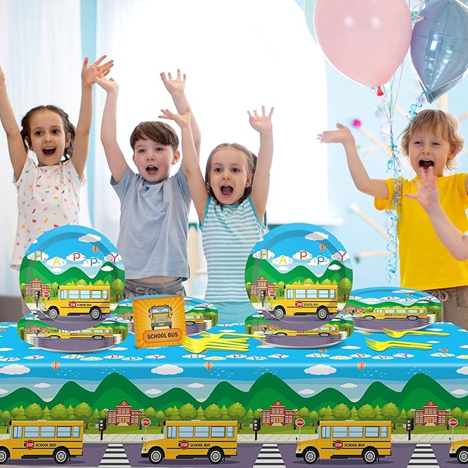 School Bus Birthday Party Supplies Back to School Decorations School Bus Theme Party Tableware Includes Plates Napkins Fork and School Bus Tablecloth for Kindergarten Parties Decorations Set Serve 20