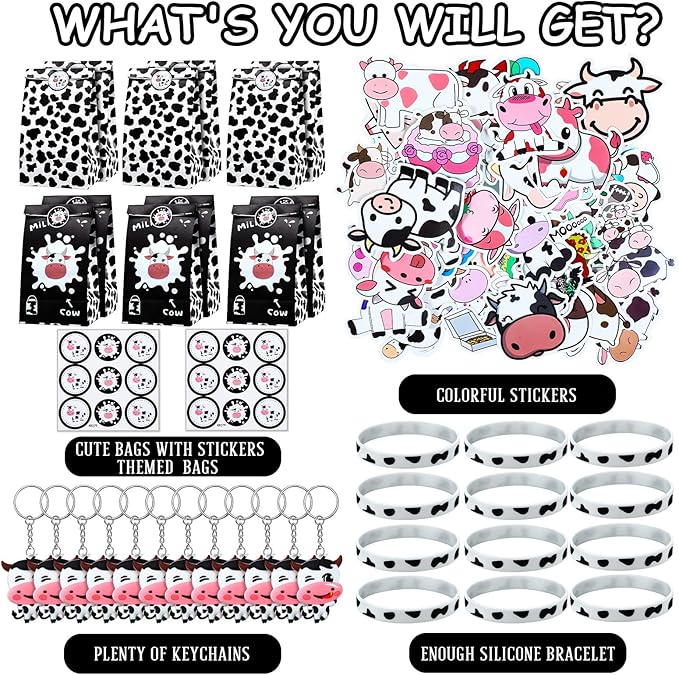 Cow Party Favors Supplies Include Cow Silicone Bracelets Cow Keychain Cow Party Present Bags and Waterproof Cow Stickers for Baby Shower Return Present Farm Animal Birthday (Novel Style, 104 Pieces)