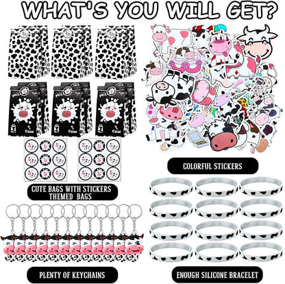 Cow Party Favors Supplies Include Cow Silicone Bracelets Cow Keychain Cow Party Present Bags and Waterproof Cow Stickers for Baby Shower Return Present Farm Animal Birthday (Novel Style, 104 Pieces)