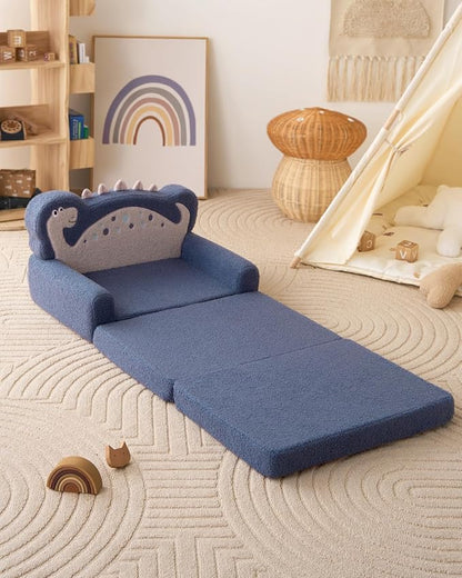 Blissful Diary Kids Couch, 2-in-1 Soft Toddler Couch Fold Out, Toddler Chair Comfy, Convertible Sofa to Lounger with Cute Dinosaur Designs, Blue