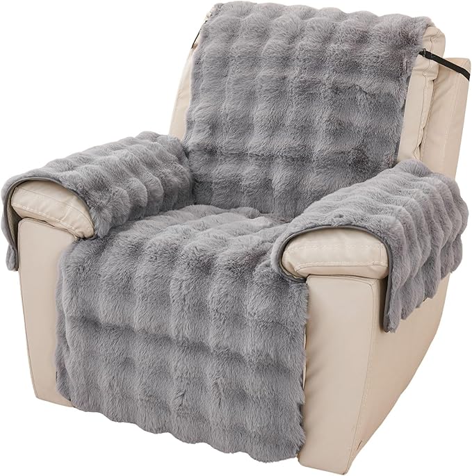 vctops Faux Fur Fluffy Recliner Chair Slipcover Faux Rabbit Fur Non Slip Sofa Cover Super Soft Plush Thick Couch Cover Furniture Protector with Elastic Straps for Kids, Dogs, Pets(Mid Grey,24")