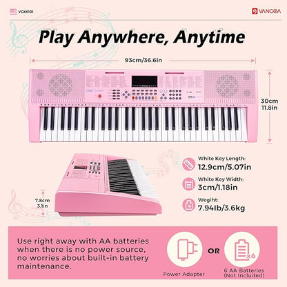 Vangoa Pink Piano Keyboard 61 Key, Electric Keyboard Kit Portable Music Keyboard for Kids Students with Microphone, 600 Tones, 400 Rhythms, 50 Demos, Gift for Beginners