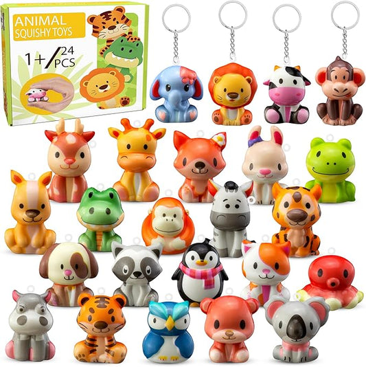 Party Favors for Kids 24PCS Safari Animal Cute Squishy Keychains Toys,Goodie Bag Stuffers, Pinata Stuffers,Birthday Gifts for Boys & Girls,Treasure Chest Prizes,Classroom Prizes for Kids