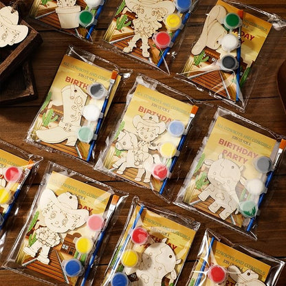 Saypacck 24 Pcs Western Cowboy Party Favors Wooden Painting Craft Kits Birthday Party Supplies with Organza Bag for Goodie Bags Fillers Adult Thank You Gifts