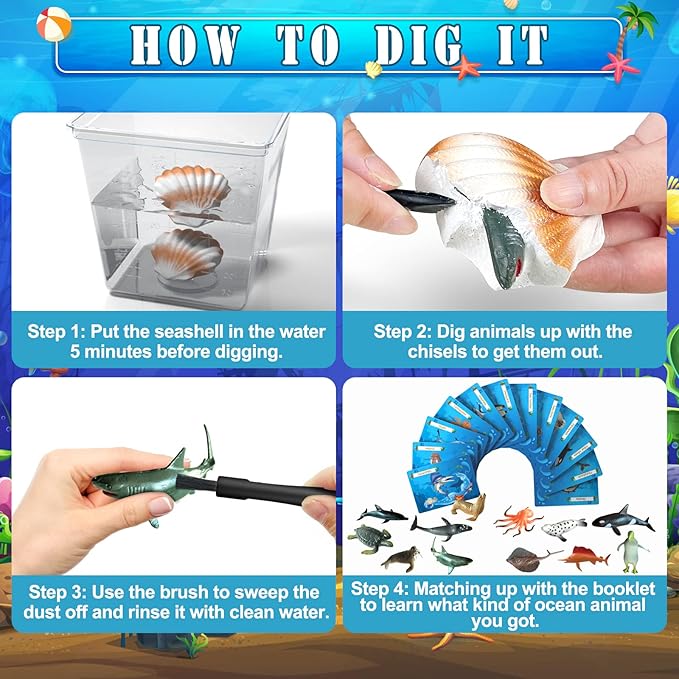 EARTH'SCODE Ocean Animals Dig Kit, Seashell Excavation Dig Bricks, Science Educational Gift for Kids