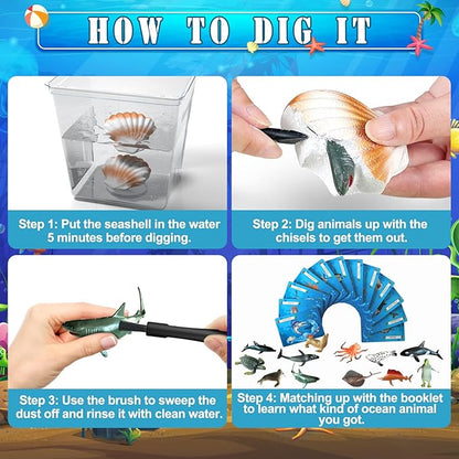 EARTH'SCODE Ocean Animals Dig Kit, Seashell Excavation Dig Bricks, Science Educational Gift for Kids