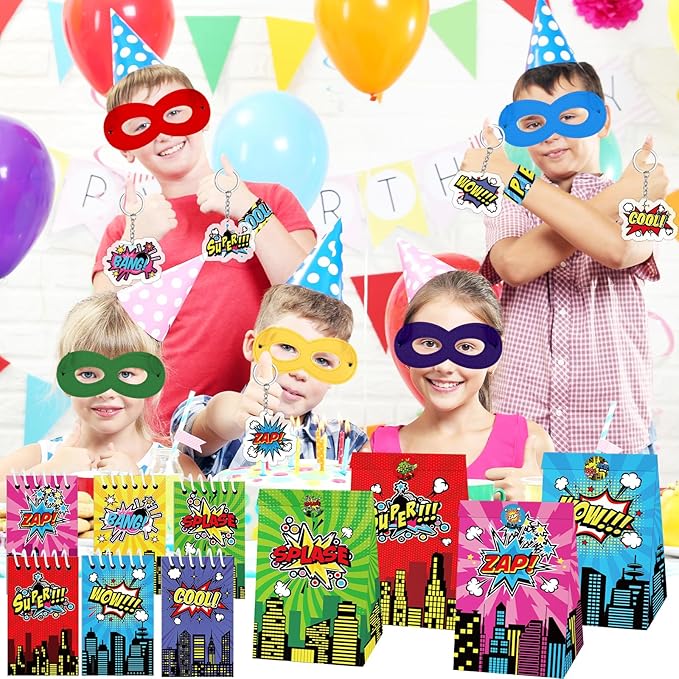 84pcs Hero Themed Super Party Favors with Colorful Paper Gift Bag Notepad Pen Slap Bracelet Key Chain Eye Mask Sticker Comic Hero Themed Party Supplies for Boy Girl Birthday Classroom Games Activities