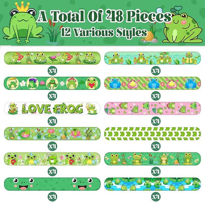 48 PCS Frog Slap Bracelets Party Favors, Frog Wristbands Bracelets Goodie Bag Fillers for Frog Birthday Party Decorations Supplies Gifts for Kids Boys Girls Classroom Rewards