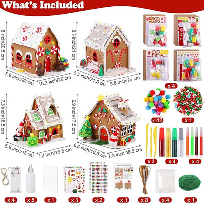 Fovths 4 Sets Clay Christmas Gingerbread House Kit with Lights Craft Cardboard Gingerbread House DIY Christmas Decorations Holiday Activity Arts and Crafts for Christmas Party Supplies Decoration